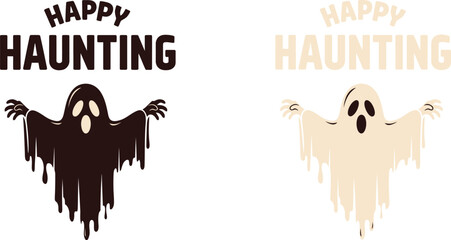 Spooky ghosts with outstretched arms celebrate Halloween with cheerful "Happy Haunting" text.