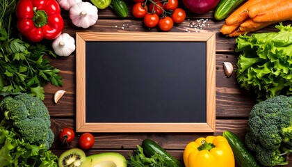 Colorful fresh vegetables surround blank blackboard