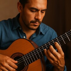 Obraz premium Concentrated man playing classical guitar with passion and skill in studio