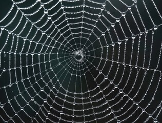Dew drops decorating intricate spider web on dark background