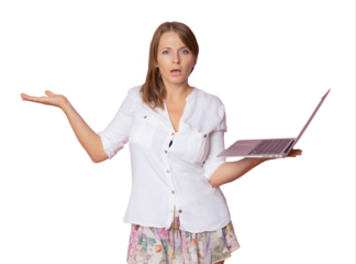 Young shocked business woman standing holding laptop computer over transparent background. PNG