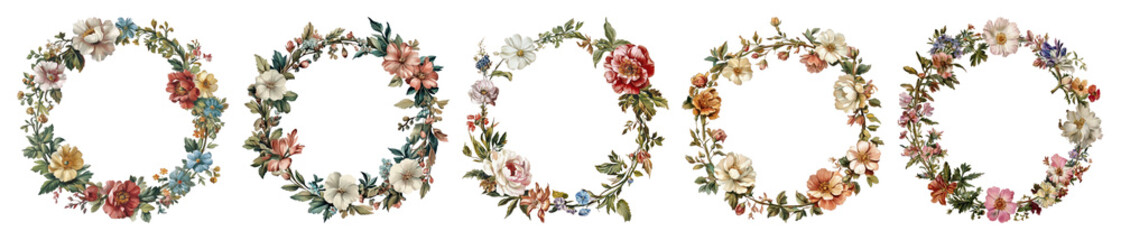Fototapeta premium PNG Vintage floral wreaths collection, element set on transparent background