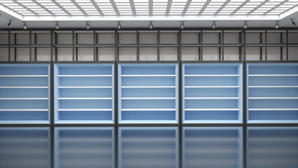 Obraz premium Shop interior mockup with blank blue display cabinets against the wall. 3d illustration