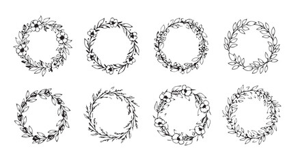 Obraz premium Collection of eight delicate hand-drawn botanical wreath frames with floral and leaf elements silhouette