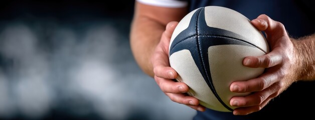 Hands hold a rugby ball ready for play on the field during a training session in the evening light