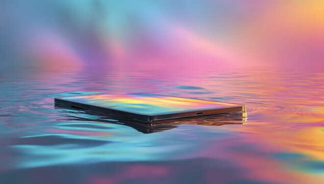 A sleek, black rectangular device floats on shimmering, iridescent liquid against a colorful backdrop