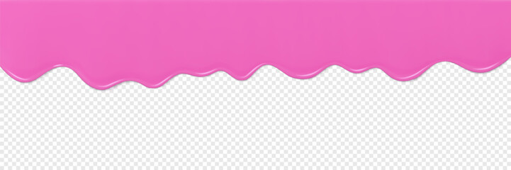 Dripping Pink Icing. Bright glaze, syrup, cream, sauce or paint drip. Glossy jelly dessert flow texture. Flowing yogurt. Realistic 3d vector border