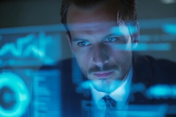 A man in a suit, illuminated by blue light, analyzing data on a transparent screen.