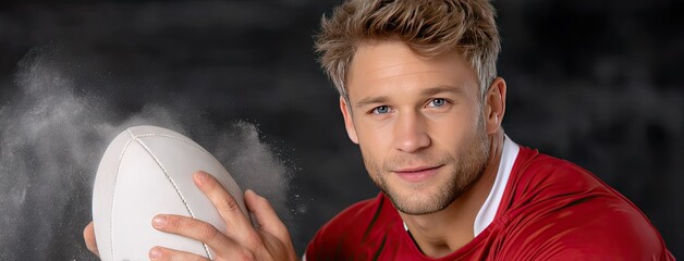 Young rugby player poses confidently with a ball in a studio setting, showcasing determination and athleticism in a striking red jersey