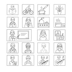 Vector art of a collection of line drawings depicting various professions and hobbies, presented in a grid format