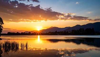 Obraz premium Golden sunset over tranquil lake