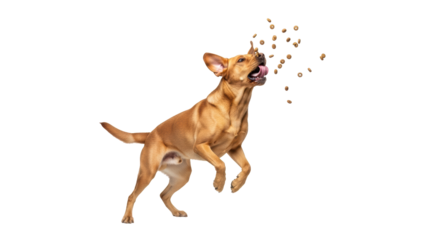Isolated dog catching food in mid-air, happy and playing, jumping for treats, studio shot