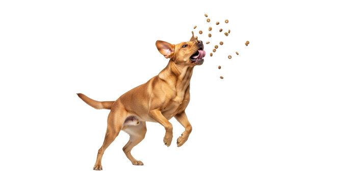 Isolated dog catching food in mid-air, happy and playing, jumping for treats, studio shot