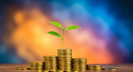Plant growing on coins, symbolizing financial growth and investment.