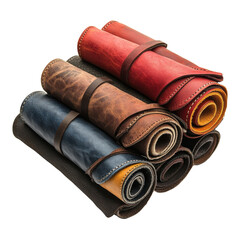 Quality leather rolls arranged neatly on a transparent surface showcasing craftsmanship and color variety