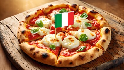Authentic Italian Margherita pizza with melted mozzarella cheese, tomato sauce, fresh basil leaves and Italian flag on rustic wooden board traditional Neapolitan food concept