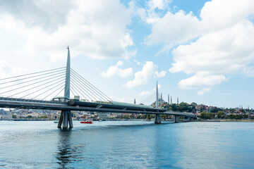 Istanbul, Turkey. Scenic view of the Bosphorus Strait with city view in the background. Urban skyline and city life.