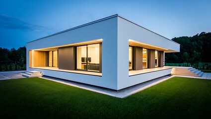 Modern minimalist house exterior with green lawn at dusk