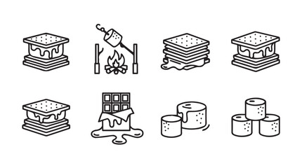 Smores campfire treats ingredients collection icons set isolated sweet snacks outdoors fun silhouette