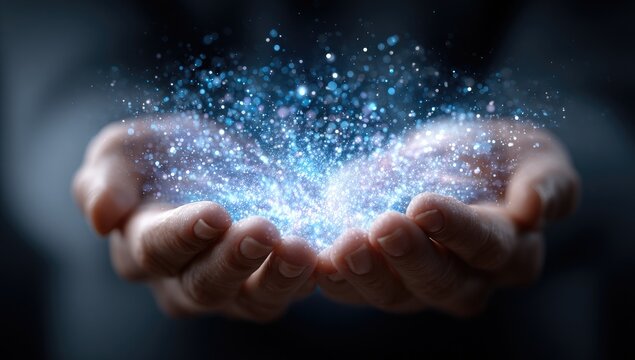 Hands holding a shimmering, light blue energy burst
