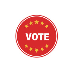 Red circular vote sticker with golden stars symbolizing democracy and civic participation