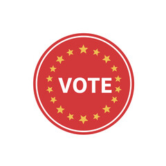 Red circular button with the word vote in white text surrounded by small yellow stars on a white background