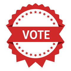 Red and white circular badge with the word vote prominently displayed on a ribbon across the center