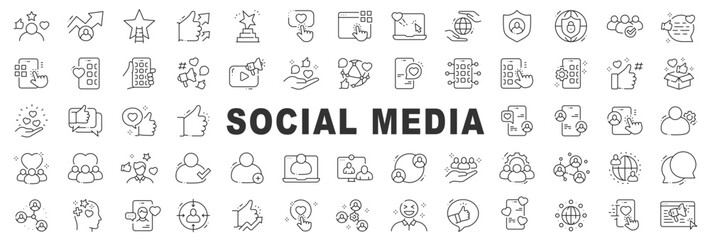 Social media line icons featuring like, heart, comment, share, hashtag, follower, marketing, analytics, mobile app interface, outline, editable stroke