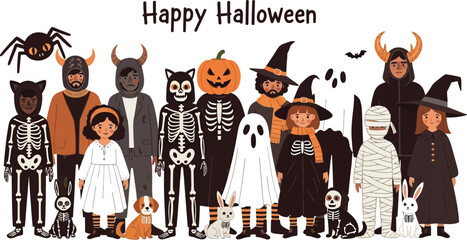 Joyful group of diverse children in creative Halloween costumes celebrating together