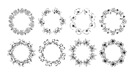 Collection of eight ornate hand drawn floral wreaths elegant circular decorative elements silhouette
