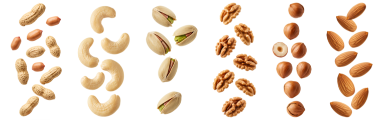 Nuts set PNG. Peanuts PNG. Raw and fresh cashews falling down isolated. Pistachios scattered png. Organic walnuts for diet and wellness visuals isolated. Hazelnuts and almonds floating isolated