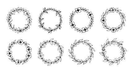 Eight delicate hand-drawn floral wreaths with botanical elements for elegant design projects silhouette