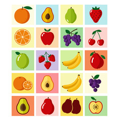 Vibrant collection of fresh fruit illustrations arranged in a grid on colorful backgrounds