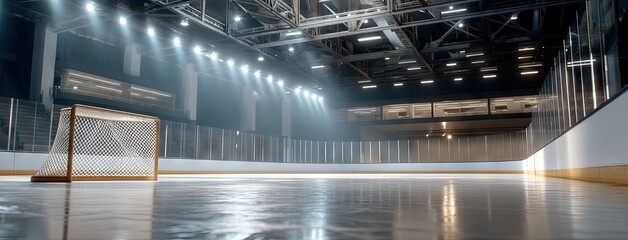 Hockey rink prepared for a game, featuring a goal amidst bright arena lights and a polished ice surface