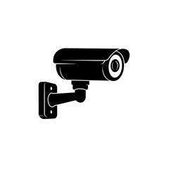 Black silhouette of a modern surveillance security camera mounted on a wall for monitoring and protection