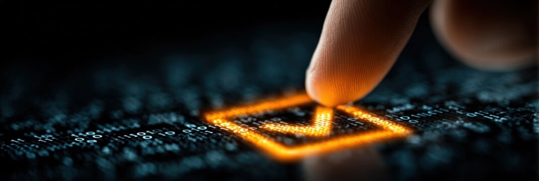 Glowing orange checkmark on dark textured surface with finger touching. Blurry background.