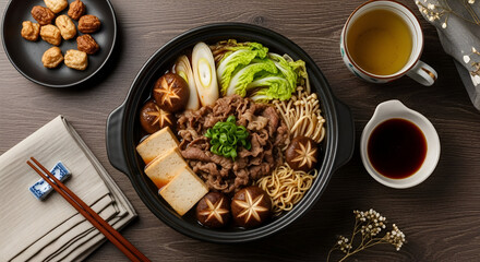 Authentic Japanese Sukiyaki Hotpot with Beef Tofu Mushrooms Greens and Noodles