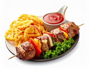 Grilled Kebab Skewer with Crispy Onion Rings and Tomato Sauce