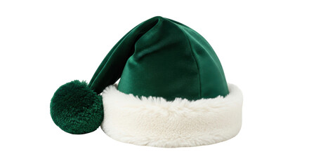 Isolated Christmas Santa hat in green velvet with faux fur trim and pompom detail for holiday season