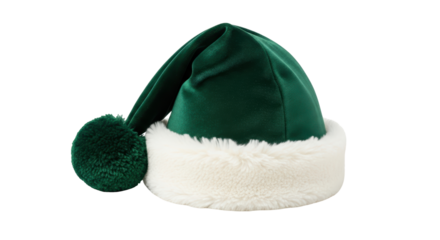 Isolated Christmas Santa hat in green velvet with faux fur trim and pompom detail for holiday season