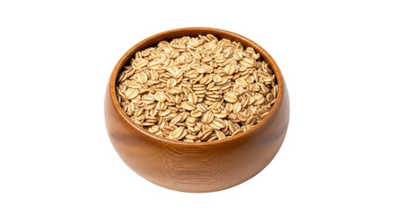 Isolated wooden bowl filled with dry oatmeal flakes cereal grains for a healthy breakfast