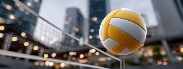 Volleyball soaring above the net during a city tournament as the sun sets, creating a vibrant atmosphere in an urban sports locale