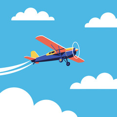 Vintage biplane soaring through a bright blue sky with fluffy white clouds and contrails © Vector Hub24