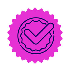 Pink starburst badge with a dark blue checkmark and outline