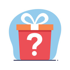 Red gift box with white question mark and ribbon bow on blue background representing surprise and mystery