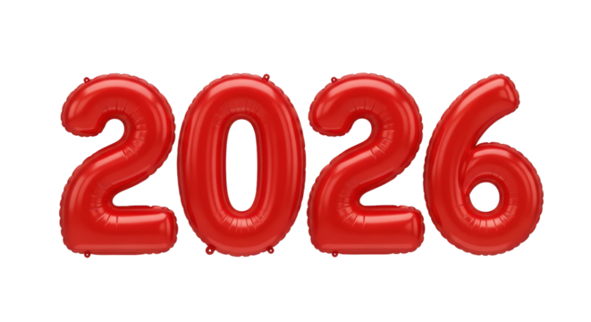 Isolated red inflatable foil balloons showing 2026 year, happy new year 2026 celebration - Powered by Adobe