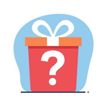 Red gift box with white question mark and ribbon bow on blue background representing surprise and mystery
