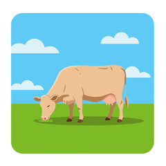 A light brown cow grazes peacefully in a vibrant green field under a clear blue sky with fluffy white clouds