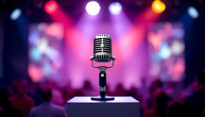 Microphone on stage with blurred lights