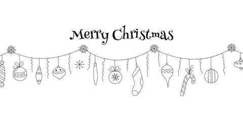 Hand drawn Christmas garland with decorations. Horizontal minimalist banner, Merry Christmas greeting card in doodle style.